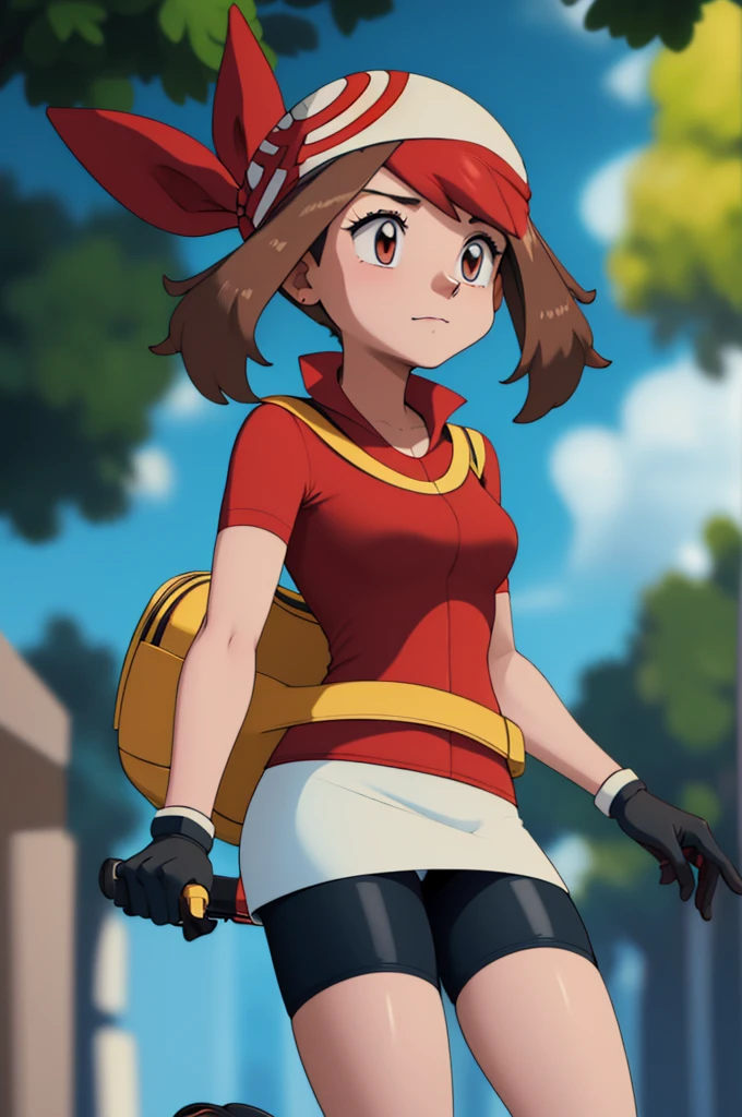 Masterpiece,Best Quality, Very detailed, score_9, score_8_above, score_7_above, score_6_above,fountain_cheered up, BREAK can, 1 sensual girl, can (pokemon), Alone, gloves, bandana, Brown hair, tenure put the ball, put the ball, tenure, standing, ((bike shorts)), black socks, short sleeves, red bandana, grey eyes, shirt, Skirt, white Skirt, socks, red shirt, whole body, Waist bag, Closed mouth, shoes, put the ball (basic), hits, yellow bag, collared shirt, knees, wide, ((bike shorts))