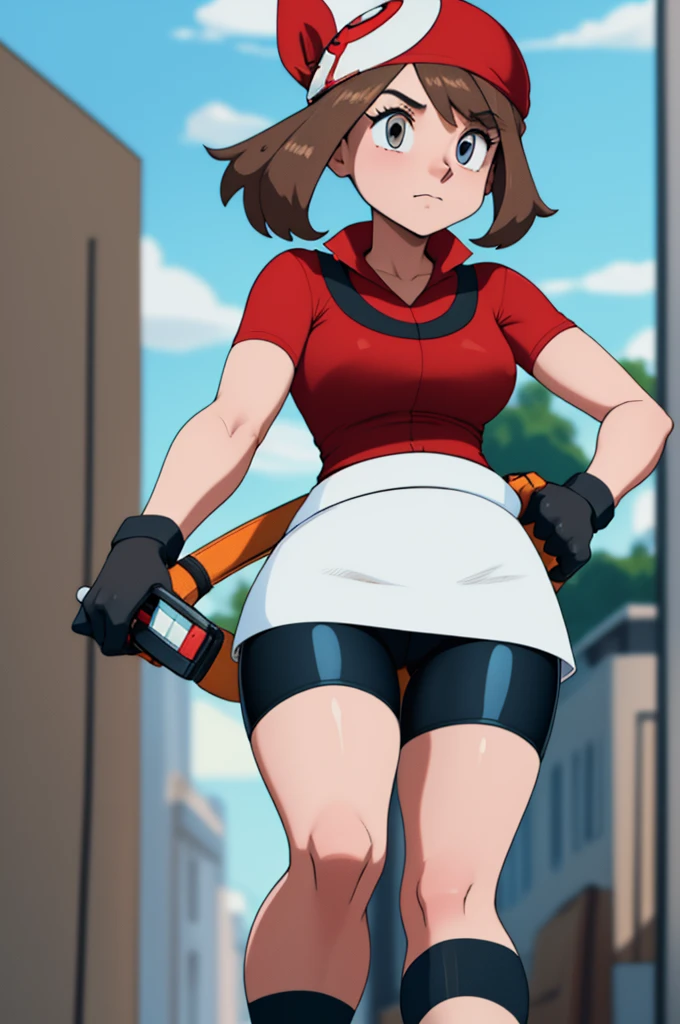 Masterpiece,Best Quality, Very detailed, score_9, score_8_above, score_7_above, score_6_above,fountain_cheered up, BREAK can, 1 sensual girl, can (pokemon), Alone, gloves, bandana, Brown hair, tenure put the ball, put the ball, tenure, standing, ((bike shorts)), black socks, short sleeves, red bandana, grey eyes, shirt, Skirt, white Skirt, socks, red shirt, whole body, Waist bag, Closed mouth, shoes, put the ball (basic), hits, yellow bag, collared shirt, knees, wide, ((bike shorts))