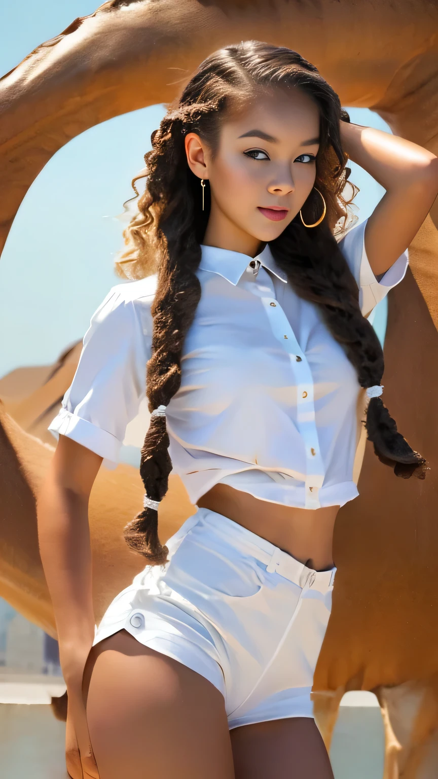 (Surreal), (picture), (High resolution), (In 8K), (Very detailed), (Best Illustration Photos), (Beautiful and fine details), (Highest quality), (Ultra-detailed), (masterpiece), (wallpaper), (Detailed face), solo, One Girl, White Wavy Hair, Korean Beauty, iridescent heterochromatic eyes, Loose light white shirt, White maid outfit, Long legs, Toned Abs, Camel Toe, stockings、((Curly hair in braids、good１))、