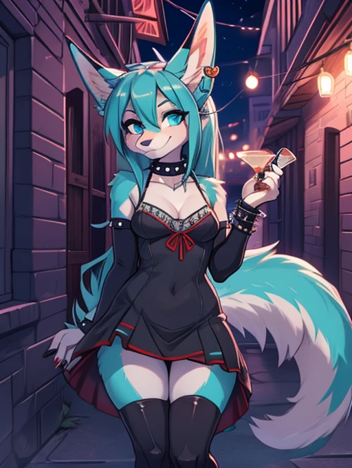 Miku Hatsune, shy girl alta definicion, aquatic body, blue fur,kitsune ears, tribal tattoo, cute girl, girl de 18 años, girl metalera bebe, short black lycra, skeleton bralette flirtatious look, half lateral full body pose, flirtatious look, you look at your full body, visible detailed beautiful legs, fox legs, Sharp nails, Wide hips, kicking the spectator, punk dog collar, punk bracelets, light on the leg tight punk skirt, galda with studs, support the esqueleto, girl encantadora, flicker, wink of the eye, blowing a kiss,ears with silver earrings, intense aqua blue eyes, the best definition 4k, night life, fiesta, in a city alley for a party, Night city landscape,  girl, sensual evening cocktail dress