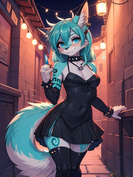 Miku Hatsune, shy girl alta definicion, aquatic body, blue fur,kitsune ears, tribal tattoo, cute girl, girl de 18 años, girl metalera bebe, short black lycra, skeleton bralette flirtatious look, half lateral full body pose, flirtatious look, you look at your full body, visible detailed beautiful legs, fox legs, Sharp nails, Wide hips, kicking the spectator, punk dog collar, punk bracelets, light on the leg tight punk skirt, galda with studs, support the esqueleto, girl encantadora, flicker, wink of the eye, blowing a kiss,ears with silver earrings, intense aqua blue eyes, the best definition 4k, night life, fiesta, in a city alley for a party, Night city landscape,  girl, sensual evening cocktail dress