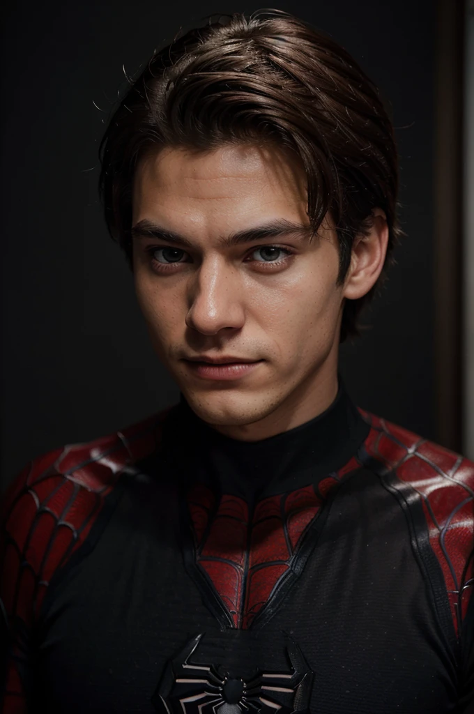 A photograph of spider man, no mask, 20 yo, handsome, detailed face, looking at camera, portrait, 8k uhd, high quality
