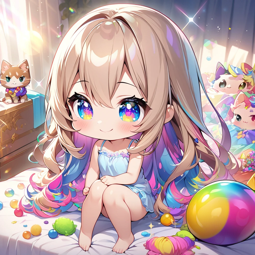 masterpiece, best quality, 4k、2D illustration、one beautiful girl、solo、(((chibi style)))、((vivid colors))、cute chibi、lovely chibi、((long beautiful hair)), glossy light brown hair, hair between eyes, cute、beautifully detailed eyes、((camisole dress)), ((miniskirt))、((colorful))、((happy smile))、sitting on bed、((full body shot))、((kitten)), ((lots of colorful stuff around))、((bed))、sparkle、((lens flare))、