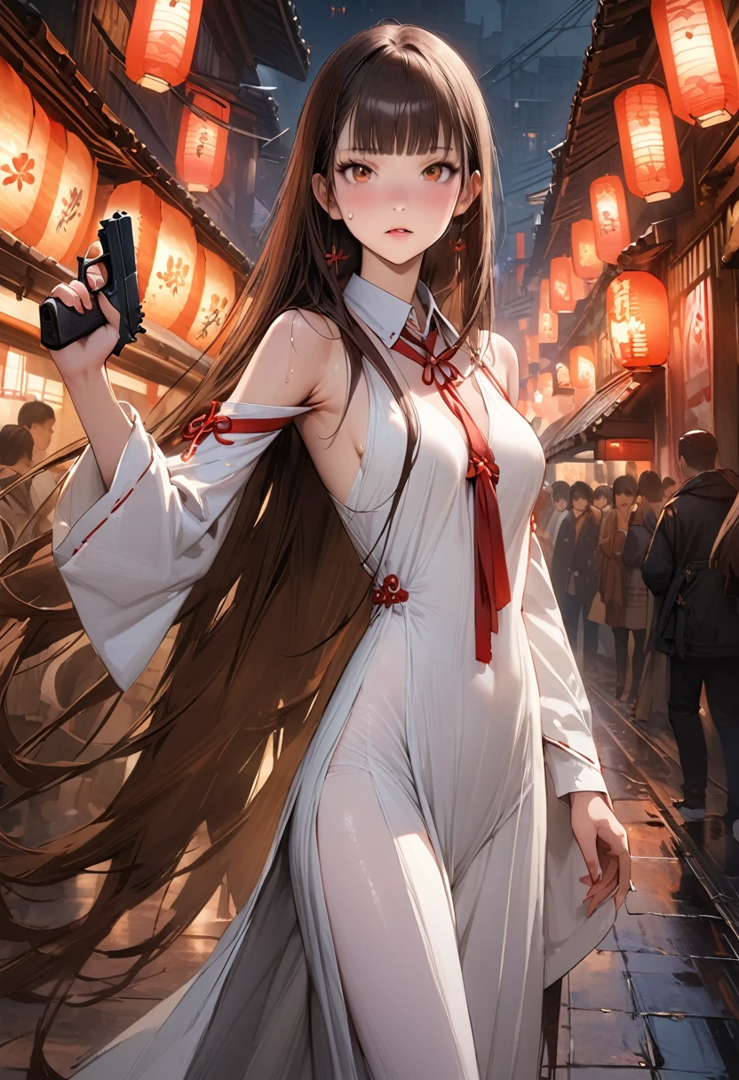 (((masterpiece,Highest quality:1.3,best quality illustration))),(realistic),cowboy shot,独奏,1woman,(18-year-old、Japanese Beauty)、brown hair,long hair,bangs,brown eyes,gorgeous eyes,((very small head:1.3)),((very long body:1.2,skinny)),medium breasts,     ,wearing:(((Red ribbon tie、White collared shirt、Long sleeve、Navy blue pleated neakers,    ,sweat,gleaming skin,toned body,slender body,(Shooting stance、Shoot a gun),Holding a handgun in your hand、Sneakers、Ruined town、at night、Tokyo、World of Blade Runner、Action Scenes、