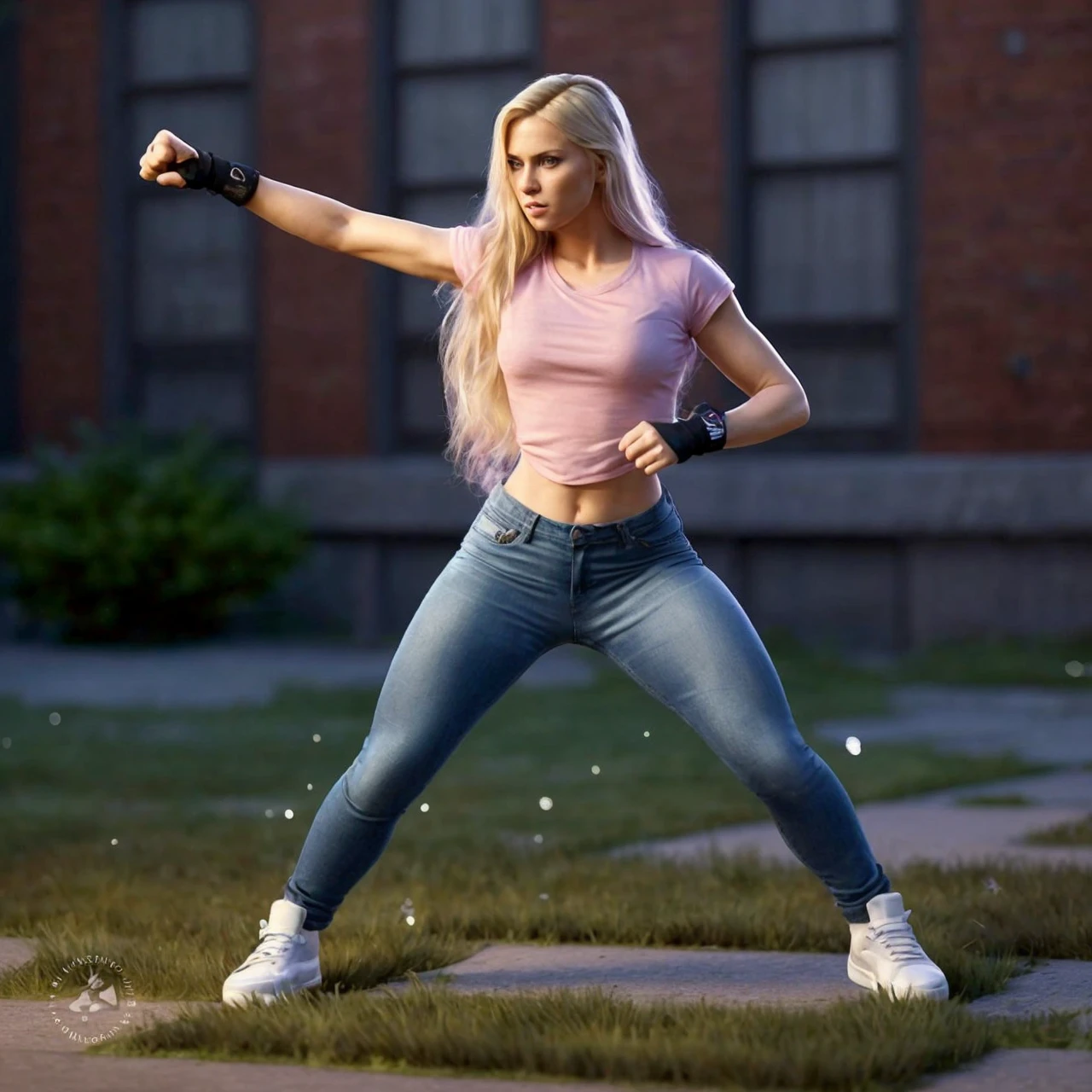 A full body of a 30-year-old blonde woman with long hair in a pink T-shirt, tight blue jeans, sneakers; black wrist communicator; photo-realistic; 4k; 100mm; martial arts; technique pose; city yard, masterpiece