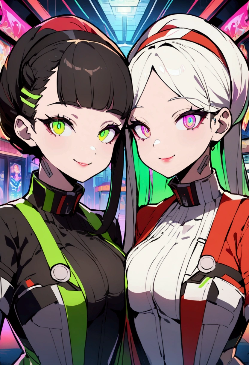 Anime style，super fine illustrations，Highly detailed，Dynamic Angle，Beautiful details，8K， Fast Food Worker, futuristic tech wear, Cyberpunk restaurant，Smiling in the colorful scene。Flat style、（Shining eyes、Beautiful face）、