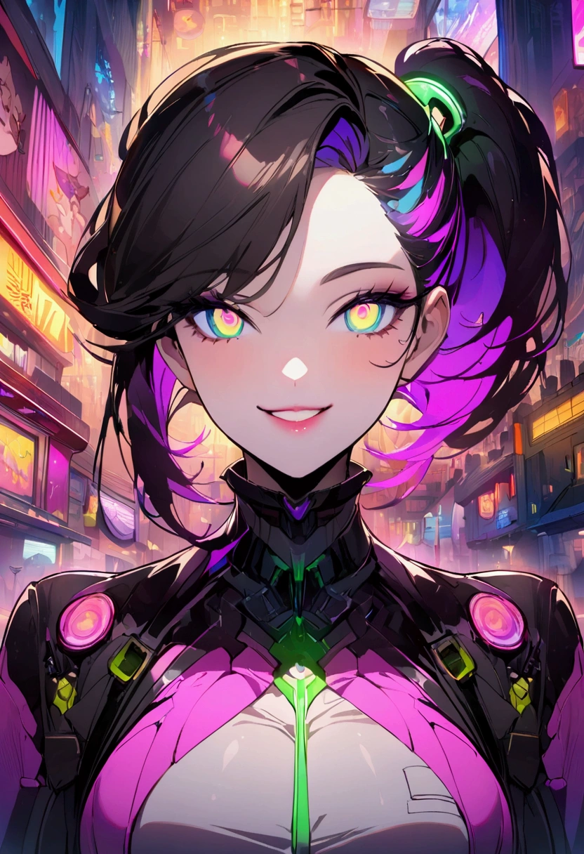 Anime style,super fine illustrations,Highly detailed,Dynamic Angle,Beautiful details,8K, Fast Food Worker, futuristic tech wear, Cyberpunk restaurant,Smiling in the colorful scene。Flat style、(Shining eyes、Beautiful face)、