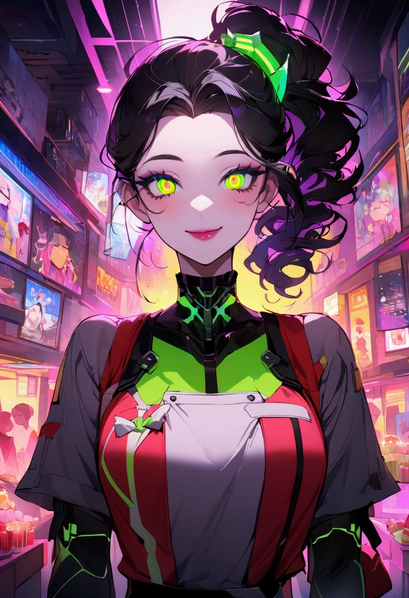 Anime style,super fine illustrations,Highly detailed,Dynamic Angle,Beautiful details,8K, Fast Food Worker, futuristic tech wear, Cyberpunk restaurant,Smiling in the colorful scene。Flat style、(Shining eyes、Beautiful face)、