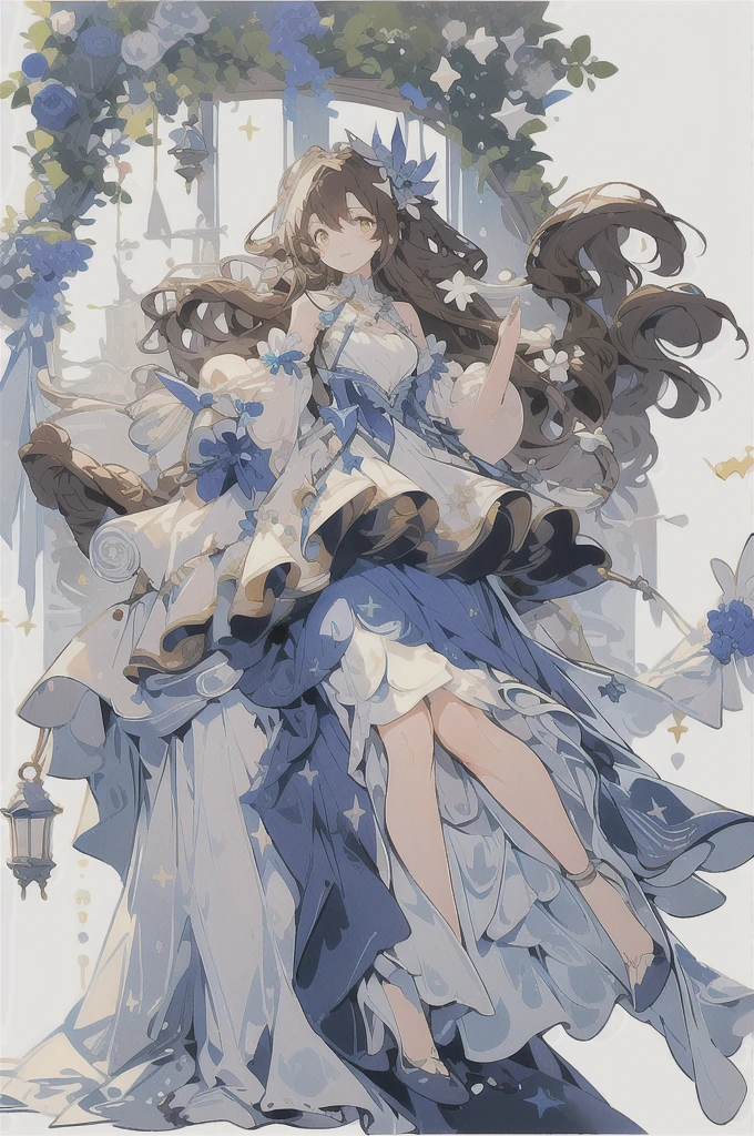 (masterpiece:1.2), best quality,PIXIV,blue dress,
1girl, long hair, dress, solo, white background, very long hair, star (symbol), simple background, full body, white dress, standing, holding, brown hair, hair ornament, long sleeves, wavy hair, bangs, brown eyes, detached sleeves, looking at viewer, sleeves past wrists, jewelry, yellow eyes