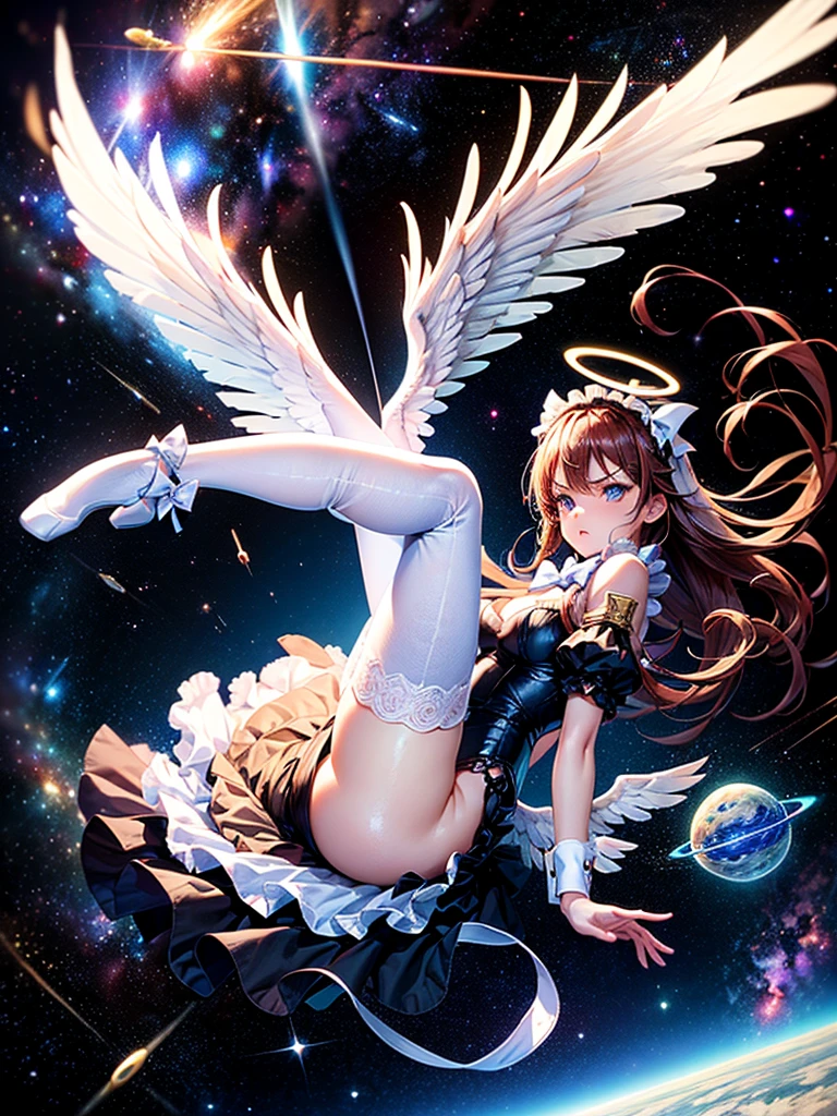 Highest quality,Highest Resolution,Beautiful girl with angry face in maid leotard,Frills,High leg,(((Floating in the air))),Halo,(((universe space))),Milky Way,meteor,Very beautiful eyes,(((White angel wings on the back))),whole body,long hair,(((Shoot a bow))),Knee-high stockings,Floating in the air,