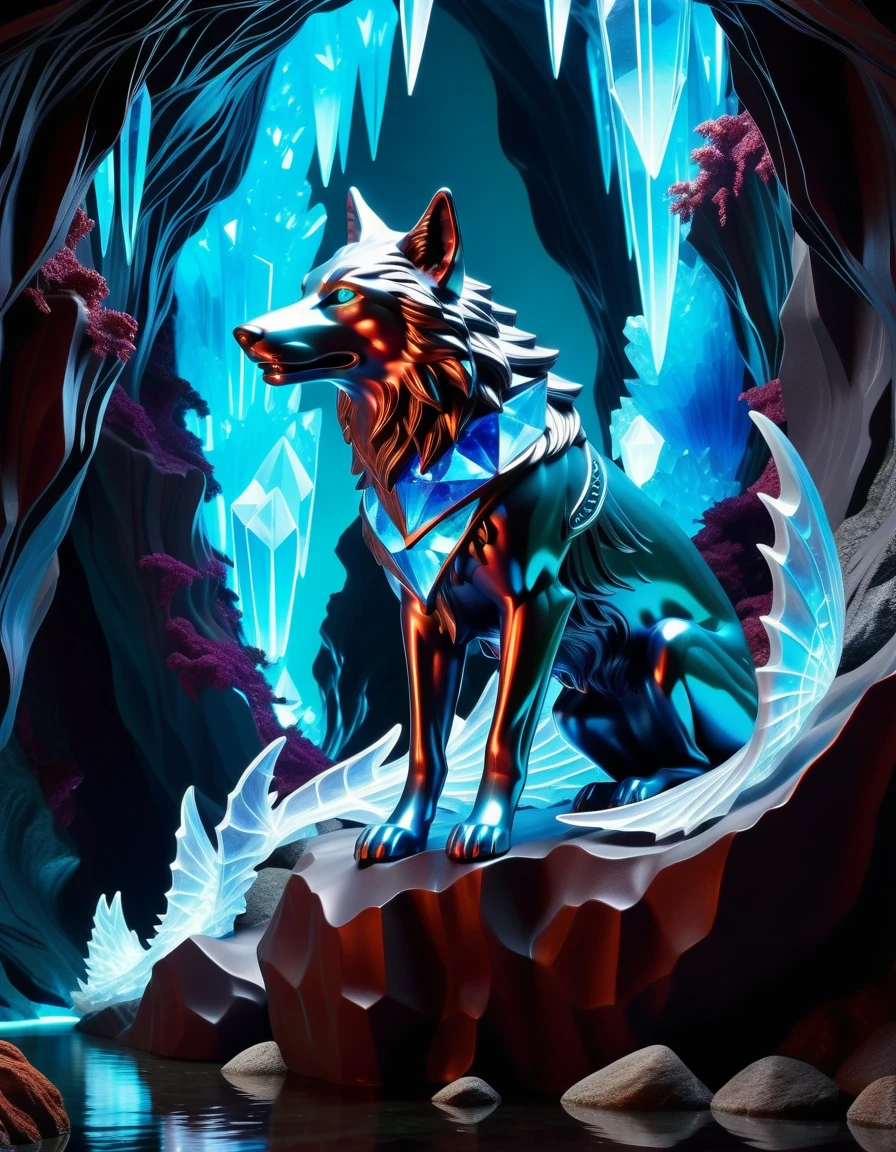 (((Multi colour crystal cave with a river reverberation flowing through of wireframe sketch, added dark-fantasy-gouache-painting:1.4))). (((this bioluminescent crystal:1.2))), Art that mixes elements of cut-out technique, walls of the crystal cave are decorated with sparkling crystals, and air filled with fantasy and mystery. dark cyan red crystal, dark cyan azure crystal, dark cyan white crystal leads to a hidden treasure guarded by a stunning mage-wave wolf statue, many dark-fantasy-style of engraved with intricate details in the cave, wings painted with vibrant universe hues with bats eyes glowing with an otherworldly, giving it mysterious and ancient atmosphere, (((otherworldly illustration grunge coating rendered in realistic-touch dark-fantasy style:1.3))), glistening effect, wonder and adventure, stunning detail. stunning illustration, fusion of delicate textures and elaborate details, exaggerated distinctive detail effects, masterpiece quality, (((amazing masterpiece quality with a combination of ultra-realistic details and highly intricate detail beautiful detail glow:1.3))), (((sharpness and clarity unmatched:1.1))), (((radiosity rendered in stunning 32k beautiful resolution:1.3))), (((all captured in sharp focus:1.2))), highest quality, highly quality,