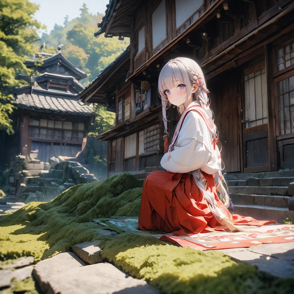 (simple line art,watercolor painting, aesthetic art, pale tone):1.33, (masterpiece, photo_real, official art, octane-render):1.4,
1fox girl, back view, 20yo,Detailed platinum-white shiny long hair, parted bangs, Braid hair,side braid,eyebrows, black lacquer flower comb, bundled, shiny hair, little wavy, detailed gradient eyes, (beautiful detailed eyes),  (detailed indigo eyes:1.2), (narrow eyes, moist eyes, Upward eyes), cherubic face, (smile, joy, playful, blush), 
,((perfect hands)), (busty:1.3), (9tails:1.3), complex, delicate, 
(beautiful shrine maiden, detailed white shrine maiden closes,red hakama:1.3), elegant and neat atmosphere, (beautiful nape), beautiful waist-butt line,
in dense and delicate detailed kimono, extremely delicate and beautiful kimono, long sleeves, hair ornament, (woman climbing stone stairs), back view, looking at viewer,
(old elementary school, old one-story wooden school building,built on a foundation of stone wall,well-kept shrub,The schoolyard is under the stone wall,gable roof entrance, Tile roof, Loudspeaker above the entrance,Huge ginkgo tree behind the school building,Ginkgo leaves are golden,There is a schoolyard under the stone wall.), 
(ginkgo leaf carpet:1.4), (falling on the moss-covered stone steps and schoolyard:1.3), 
((stone stairs)), majestic atmosphere,  focus flowers, (scenery),  (ginkgo leaf carpet:1.4), (falling on the moss-covered stone steps and schoolyard:1.3), static, majestic, (woman climbing stone stairs), (9 fluffy fox tails:1.3), (from below,low angle), (subjective perspective), (particle light, colorful, dramatic shadows,  light-shadow symmetry),
 