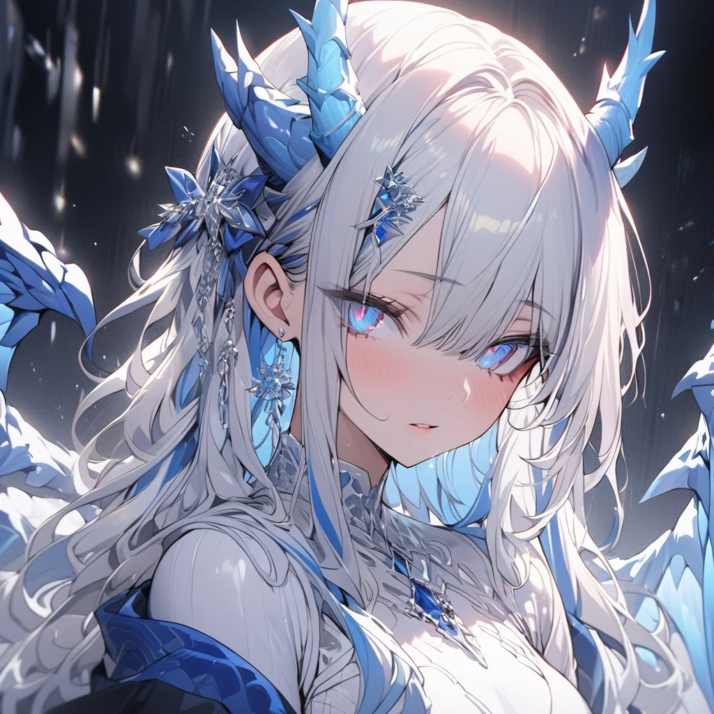 ((best quality)), ((masterpiece)), ((ultra-detailed)), (illustration), (detailed light), (an extremely delicate and beautiful), a girl, solo, (beautiful detailed eyes), blue dragon eyes, (((Vertical pupil))), two-tone hair:blue and white, shiny hair, colored inner hair, (blue Dragonwings), blue_hair ornament, ice adorns hair, [dragon horn], depth of field