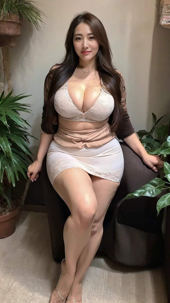 Highly detailed face and skin texture, fine eyes, double eyelid,((mature adult woman))、((middle-aged women))、((55 years old)),((In underwear))、((very good))、medium long brown hair,on the office chair,((big breasts 1.8)), High resolution facial features,gentle smile、Reach out to your audience、