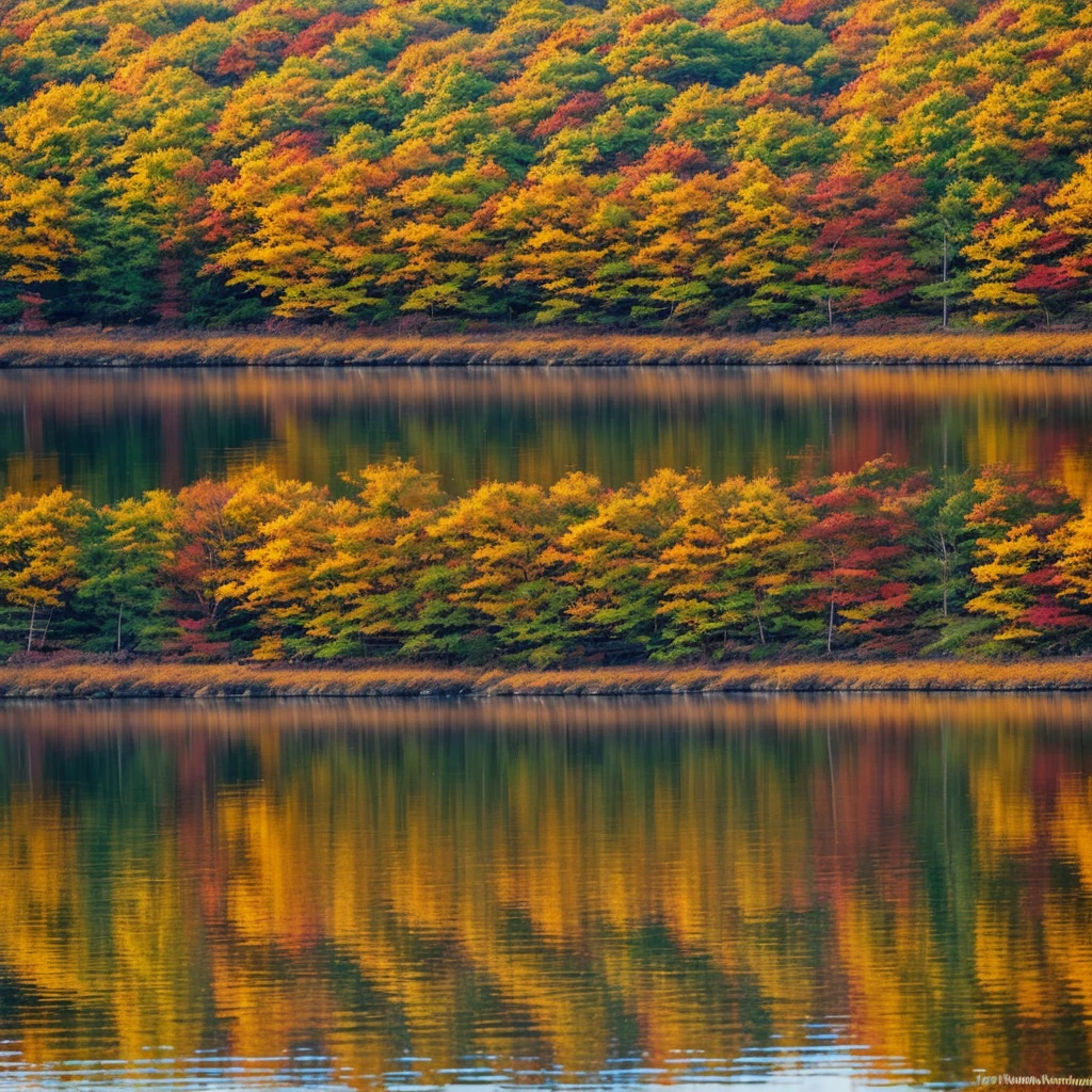 A serene autumn day at Tsutanuma Lake, Aomori. The vibrant fall foliage in shades of red, yellow, and orange reflects on the still water surface, creating a picturesque, mirror-like landscape. Capture the tranquility and beauty of this scene, with colorful leaves gently swaying and the golden hues of sunset illuminating the sky and lake.