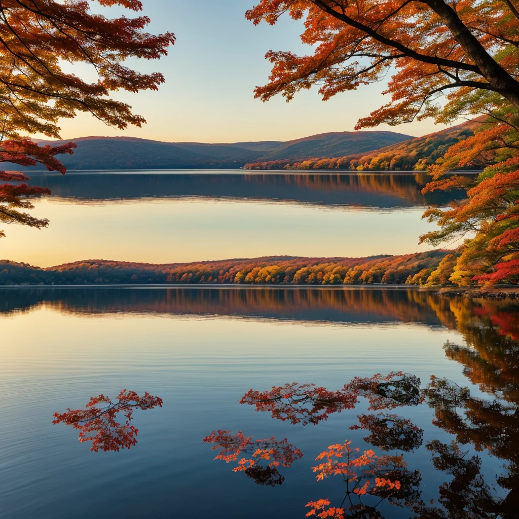 A serene autumn day at Tsutanuma Lake, Aomori. The vibrant fall foliage in shades of red, yellow, and orange reflects on the still water surface, creating a picturesque, mirror-like landscape. Capture the tranquility and beauty of this scene, with colorful leaves gently swaying and the golden hues of sunset illuminating the sky and lake.