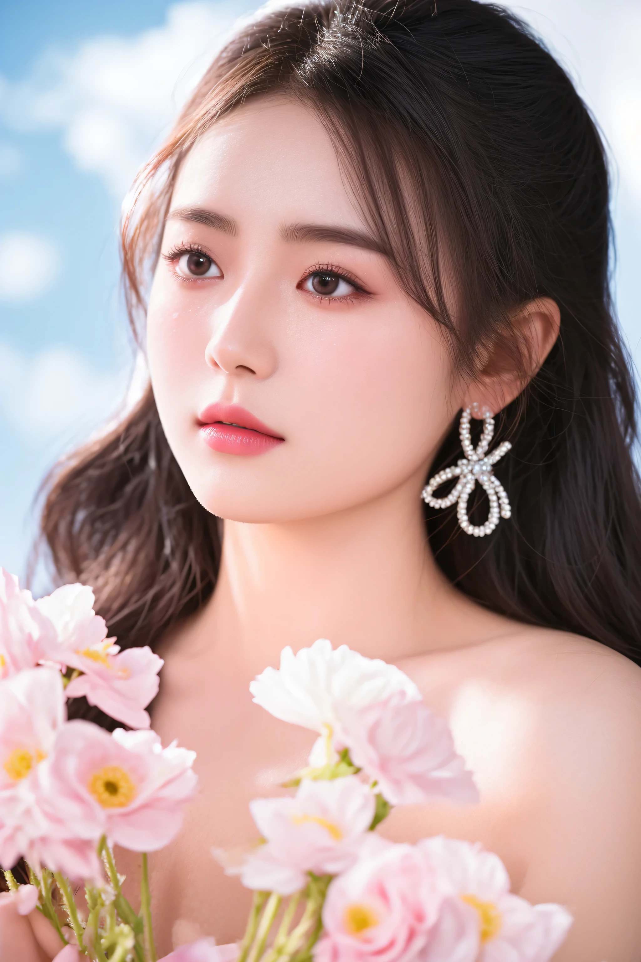 there is a woman holding a bouquet of flowers in her hands, inspired by Huang Ji, official artwork, yanjun chengt, soft portrait shot 8 k, dilraba dilmurat, sakimichan, inspired by Kim Jeong-hui, with flowers, hwang se - on, chiho, sha xi, xintong chen, guweiz