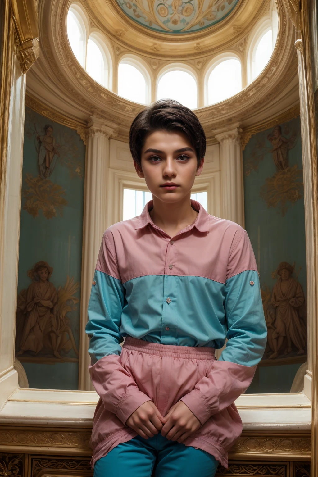 A cute male twink with a make-up face and black hair, wearing a long-sleeved pink shirt and aqua blue pants. He is in the royal palace and appears from the top of the window.