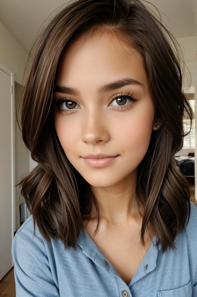 Girl with brown hair and brown eyes inside room 