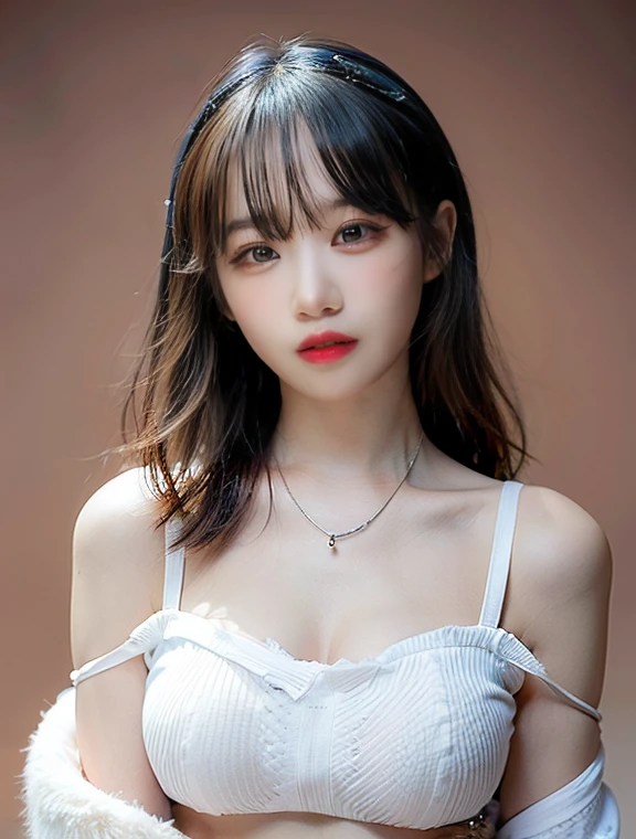 Canon RF85mmf/1.2,masterpiece,highest quality,Ultra-high resolution,VC, Chaewon,(Korean mixed race,K-Pop Idols:1.2),alone,white_Shiny_skin,Iris,necklace,((Brown_length_Wavy_hair)),((pink_Shiny_lips)),eyelash,Front hair,make,compensate,Shiny,pore,skin texture,bracelet,Off the shoulder,See through,Big Breasts