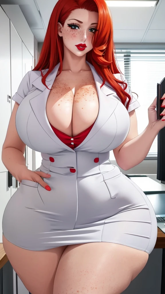 Sexy redhead with long hair, wearing white nurse's uniform, in her office, big lips, cleavage, huge breasts, milf, wide hips, thick thighs, depth of field, cinematic lighting, anatomically correct, high detail, red lipstick, freckles