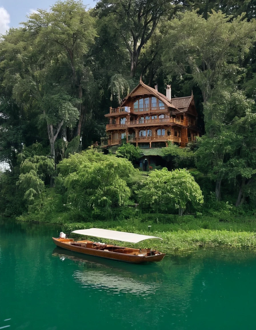 there is a boat that is floating in the water near a house, lake house, floating palace, on a boat on a lake, in the middle of a lake, incredibly beautiful, very close to real nature, peaceful wooden mansion, beautiful and mysterious, beautiful image, beautiful place, luxury lifestyle, boat dock, wooden boat, perfectly detailed, on a lake