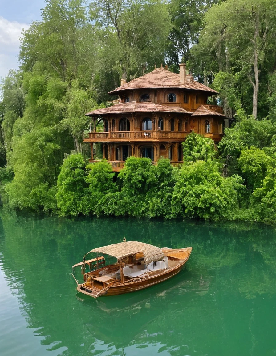 there is a boat that is floating in the water near a house, lake house, floating palace, on a boat on a lake, in the middle of a lake, incredibly beautiful, very close to real nature, peaceful wooden mansion, beautiful and mysterious, beautiful image, beautiful place, luxury lifestyle, boat dock, wooden boat, perfectly detailed, on a lake