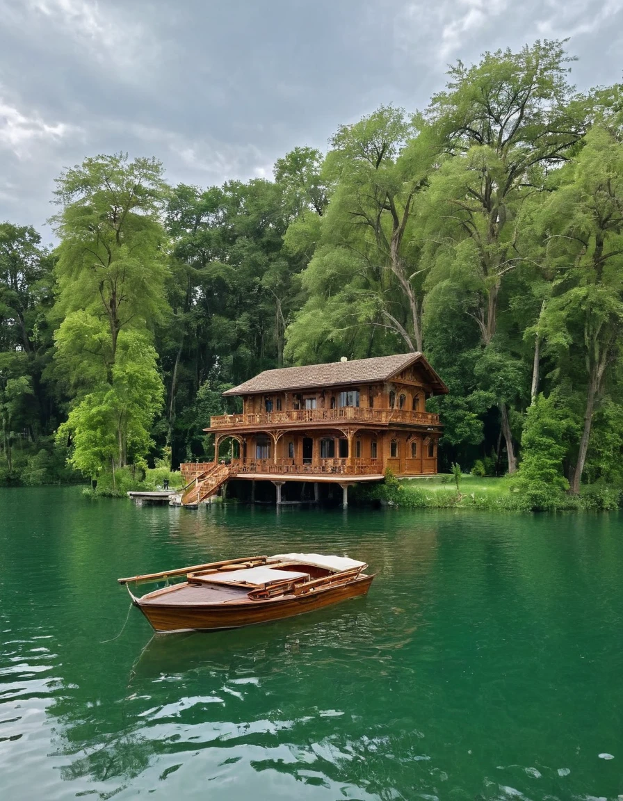 there is a boat that is floating in the water near a house, lake house, floating palace, on a boat on a lake, in the middle of a lake, incredibly beautiful, very close to real nature, peaceful wooden mansion, beautiful and mysterious, beautiful image, beautiful place, luxury lifestyle, boat dock, wooden boat, perfectly detailed, on a lake