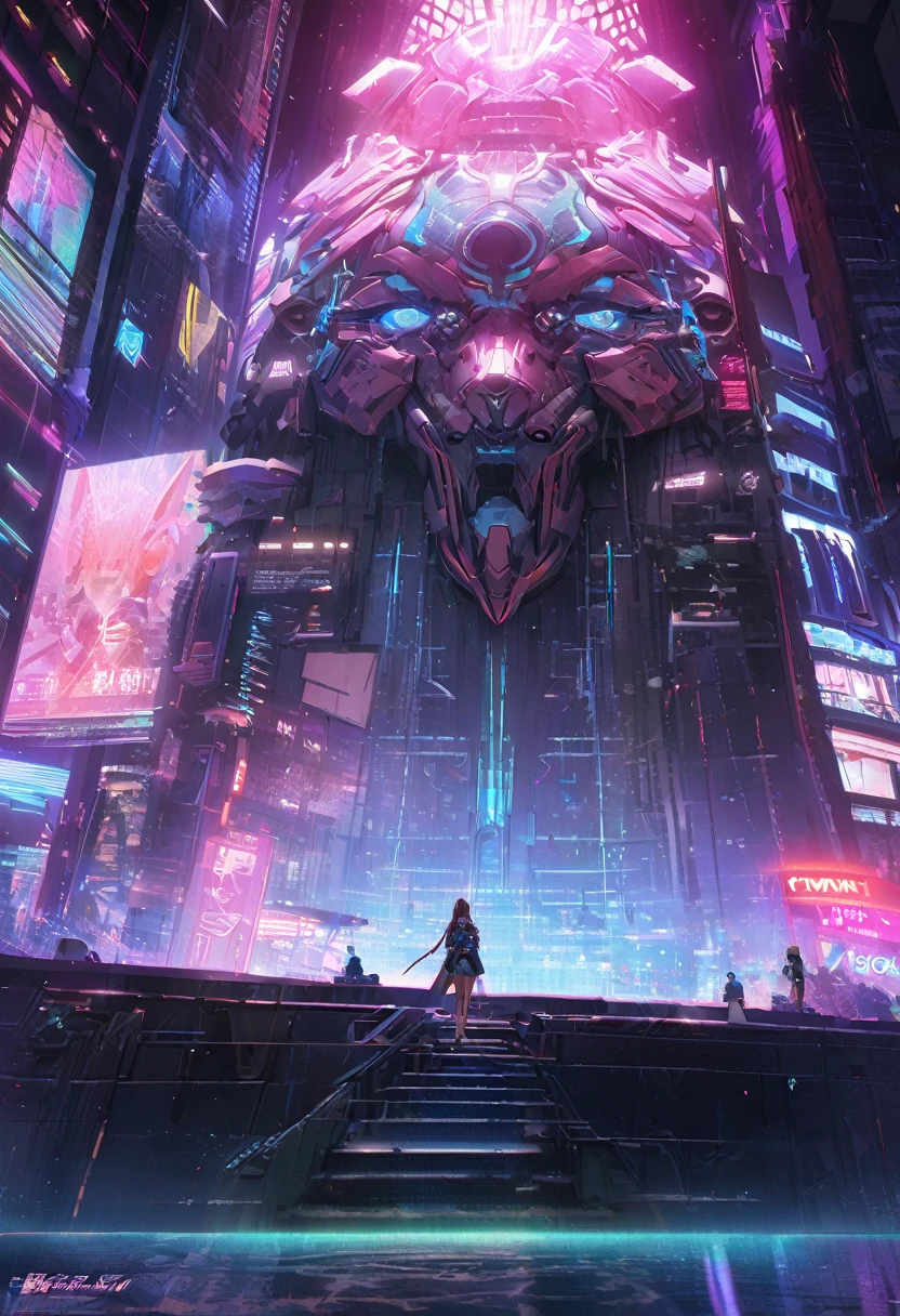 在灯光昏暗的Cyberpunk城市景观中, Against the backdrop of neon lights，A pensive figure, Digital nomad with a dark vibe. This concept art is a digital illustration，Capturing the essence of futurism, Mysterious person. Detailed scene presentation, Highlighting the complex cybernetic enhancements on the Nomads, shadow over face, And the flashing lights of electronic devices. The art is very realistic,Cyberpunk面具，1 Girl, Shrine maiden，Fox Mechanical Mask，Cyberpunk, Cyberpunk面具，Precision mechanics， summer，Shrine maiden服， Big Perspective，Overlooking，Sitting on a tall building