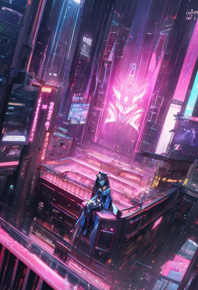 在灯光昏暗的Cyberpunk城市景观中, Against the backdrop of neon lights，A pensive figure, Digital nomad with a dark vibe. This concept art is a digital illustration，Capturing the essence of futurism, Mysterious person. Detailed scene presentation, Highlighting the complex cybernetic enhancements on the Nomads, shadow over face, And the flashing lights of electronic devices. The art is very realistic,Cyberpunk面具，1 Girl, Shrine maiden，Fox Mechanical Mask，Cyberpunk, Cyberpunk面具，Precision mechanics， summer，Shrine maiden服， Big Perspective，Overlooking，Sitting on a tall building