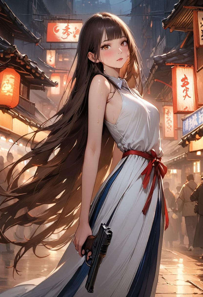 (((masterpiece,Highest quality:1.3,best quality illustration))),(realistic),cowboy shot,独奏,1woman,(18-year-old、Japanese Beauty)、brown hair,long hair,bangs,brown eyes,gorgeous eyes,((very small head:1.3)),((very long body:1.2,skinny)),medium breasts,     ,wearing:(((White long-sleeved collared shirt、Red ribbon tie、Navy blue pleated neakers,    ,sweat,gleaming skin,toned body,slender body,(Shooting stance、Shoot a gun),Holding a handgun in your hand、Sneakers、Ruined town、at night、Tokyo、World of Blade Runner、Action Scenes、