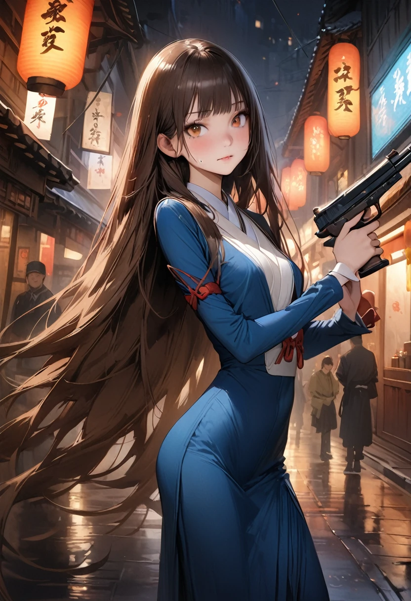 (((masterpiece,Highest quality:1.3,best quality illustration))),(realistic),cowboy shot,独奏,1woman,(18-year-old、Japanese Beauty)、brown hair,long hair,bangs,brown eyes,gorgeous eyes,((very small head:1.3)),((very long body:1.2,skinny)),medium breasts,     ,wearing:(((White long-sleeved collared shirt、Red ribbon tie、Navy blue pleated neakers,    ,sweat,gleaming skin,toned body,slender body,(Shooting stance、Shoot a gun),Holding a handgun in your hand、Sneakers、Ruined town、at night、Tokyo、World of Blade Runner、Action Scenes、
