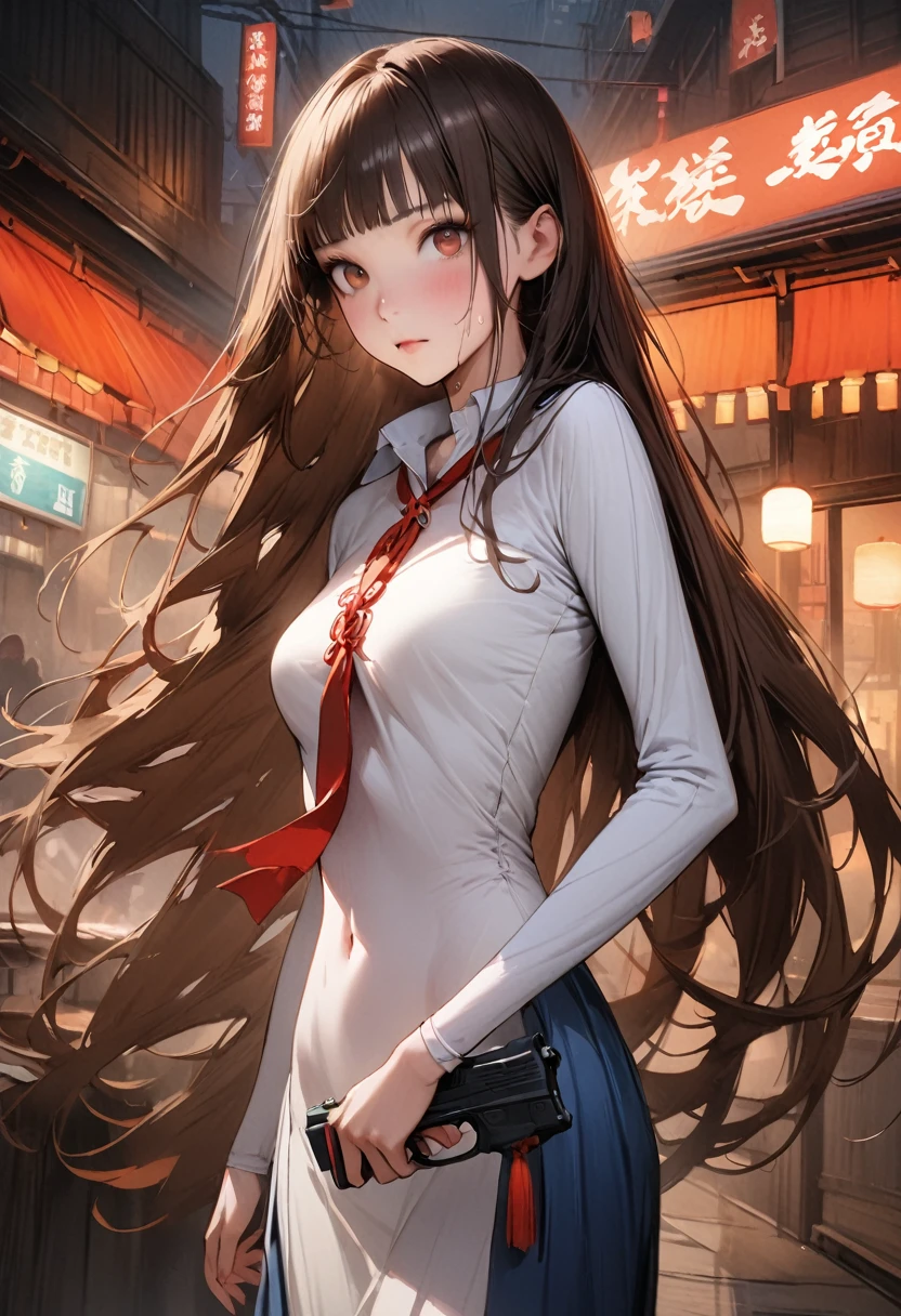 (((masterpiece,Highest quality:1.3,best quality illustration))),(realistic),cowboy shot,独奏,1woman,(18-year-old、Japanese Beauty)、brown hair,long hair,bangs,brown eyes,gorgeous eyes,((very small head:1.3)),((very long body:1.2,skinny)),medium breasts, ,wearing:(((White long-sleeved collared shirt、Red ribbon tie、Navy blue pleated neakers, ,sweat,gleaming skin,toned body,slender body,(Shooting stance、Shoot a gun),Holding a handgun in your hand、Sneakers、Ruined town、at night、Tokyo、World of Blade Runner、Action Scenes、