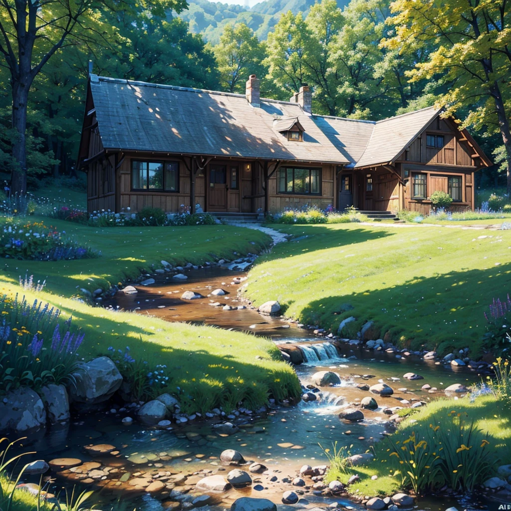 A small stone cottage in a vibrant meadow, surrounded by rolling hills and lush green grass, with wildflowers in full bloom. A clear brook babbles nearby, crossed by a charming wooden bridge. Sunbeams filter through the trees, birds soaring in the clear sky. The scene is warm, inviting, and serene. (best quality, 4k, 8k, highres, masterpiece:1.2), ultra-detailed, (realistic, photorealistic, photo-realistic:1.37), landscape, natural lighting, vibrant colors, serene.