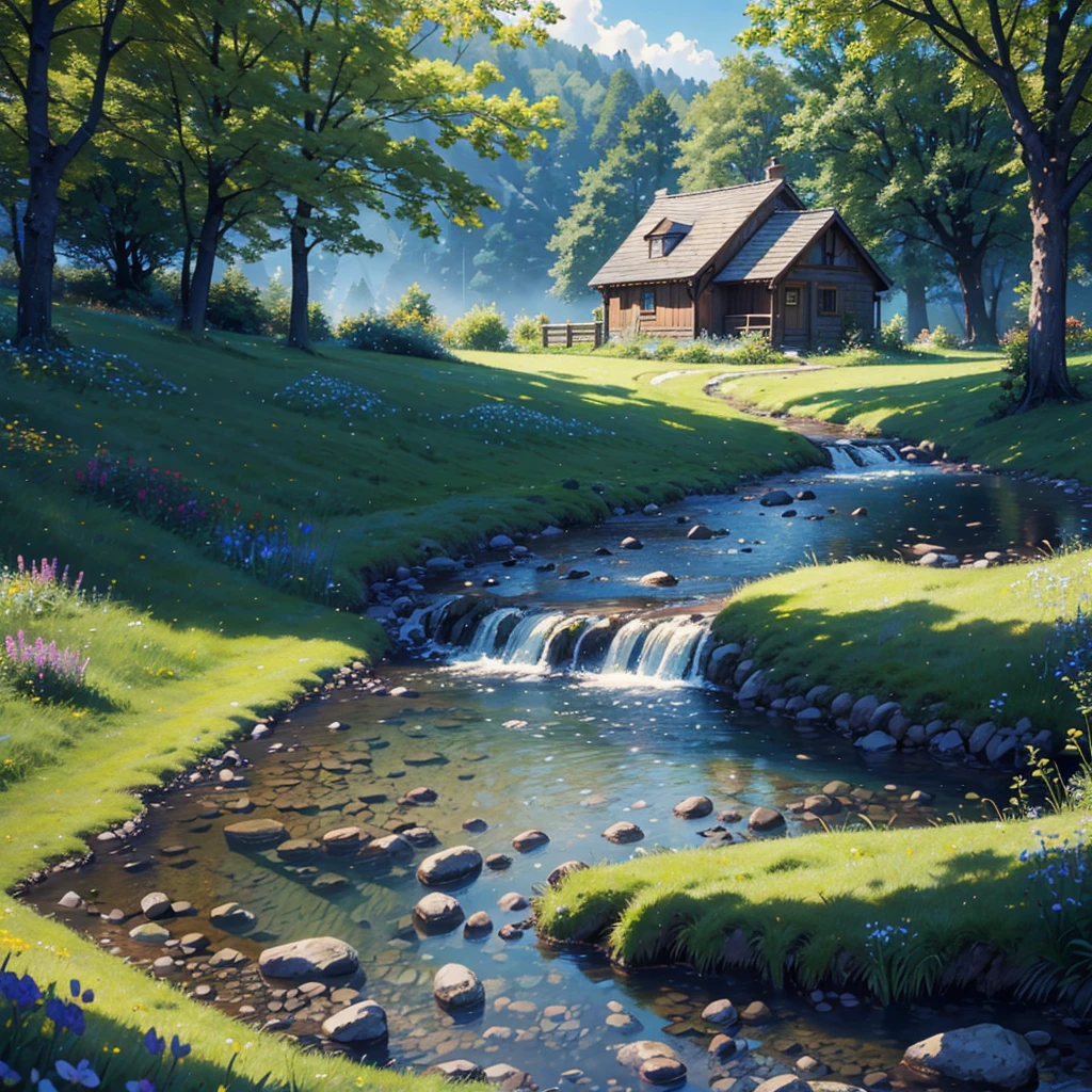 A small stone cottage in a vibrant meadow, surrounded by rolling hills and lush green grass, with wildflowers in full bloom. A clear brook babbles nearby, crossed by a charming wooden bridge. Sunbeams filter through the trees, birds soaring in the clear sky. The scene is warm, inviting, and serene. (best quality, 4k, 8k, highres, masterpiece:1.2), ultra-detailed, (realistic, photorealistic, photo-realistic:1.37), landscape, natural lighting, vibrant colors, serene.