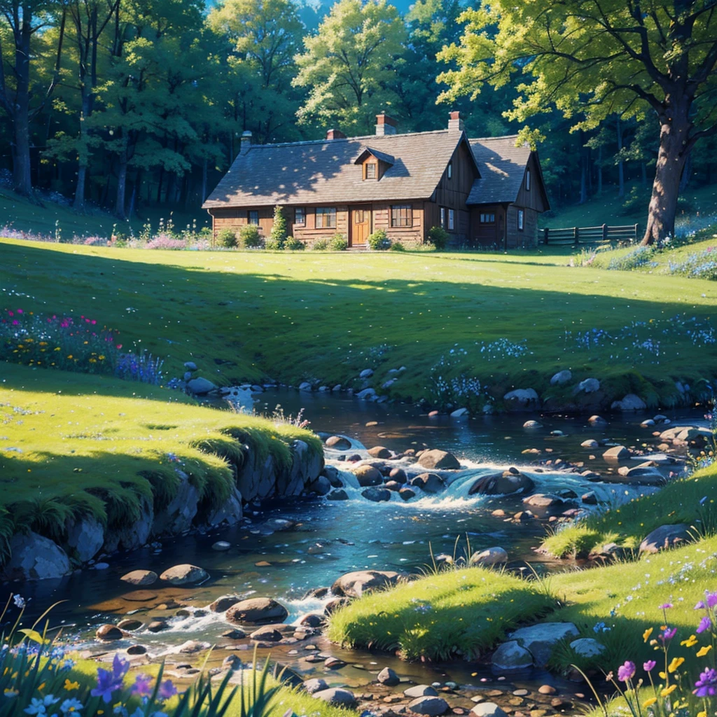 A small stone cottage in a vibrant meadow, surrounded by rolling hills and lush green grass, with wildflowers in full bloom. A clear brook babbles nearby, crossed by a charming wooden bridge. Sunbeams filter through the trees, birds soaring in the clear sky. The scene is warm, inviting, and serene. (best quality, 4k, 8k, highres, masterpiece:1.2), ultra-detailed, (realistic, photorealistic, photo-realistic:1.37), landscape, natural lighting, vibrant colors, serene.