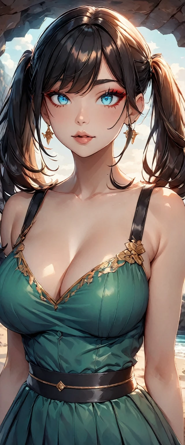 Photo of a woman with natural skin, Seaside cave, The light is shining in, Upper Body, High Twintails, Black hair with red mesh, Sharp eyes with red eyeshadow, Blue-green eyes, Shining eyes, A thin, upturned nose, Well-shaped lips, , ((Black off-the-shoulder dress, Thin shoulder straps)), barefoot, Makeup, Exquisitely crafted with the utmost attention to detail, Vibrant, amazing, Smooth, Cinematic, 4K, Backlight, (()), Shallow depth of field, ((Detailed eyes:1.3, Detailed lips:1.3, high quality, )), masterpiece, Super detailed images, High quality