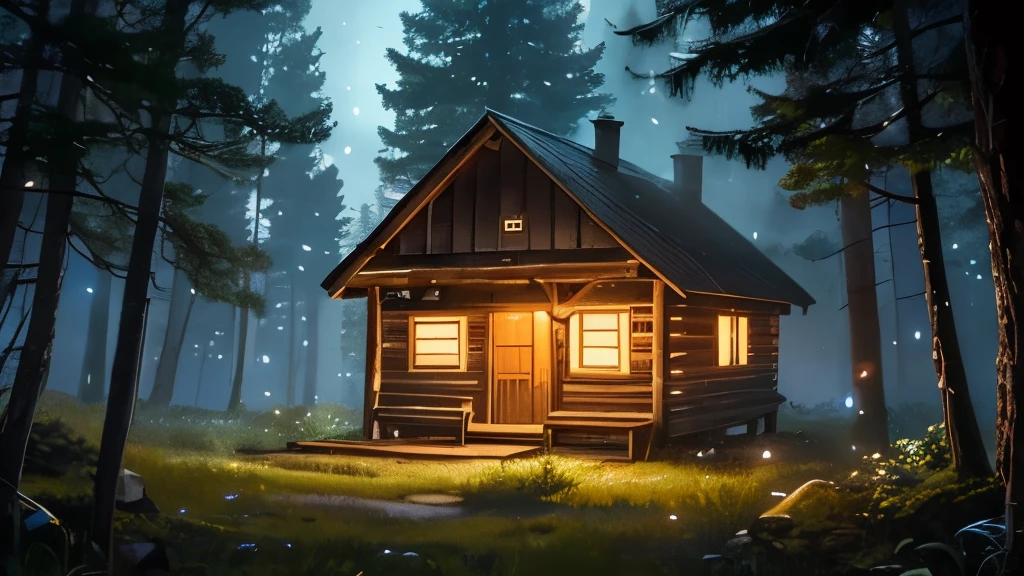 (Better image quality) an old cabin surrounded by fireflies in the forest.