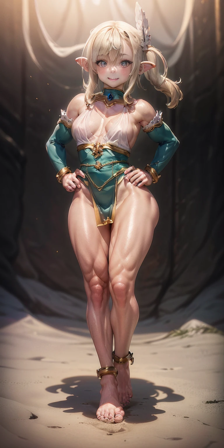 Scenary: Plain background Character: Solo Female elf smile mouth closed: Body, full body toe to head: Tall and slim with an hourglass figure Toned and muscular physique Slender abs Perfect anatomy (hands on hips, good hands, best hands) shackles wristbands bracers bracelets sleeves