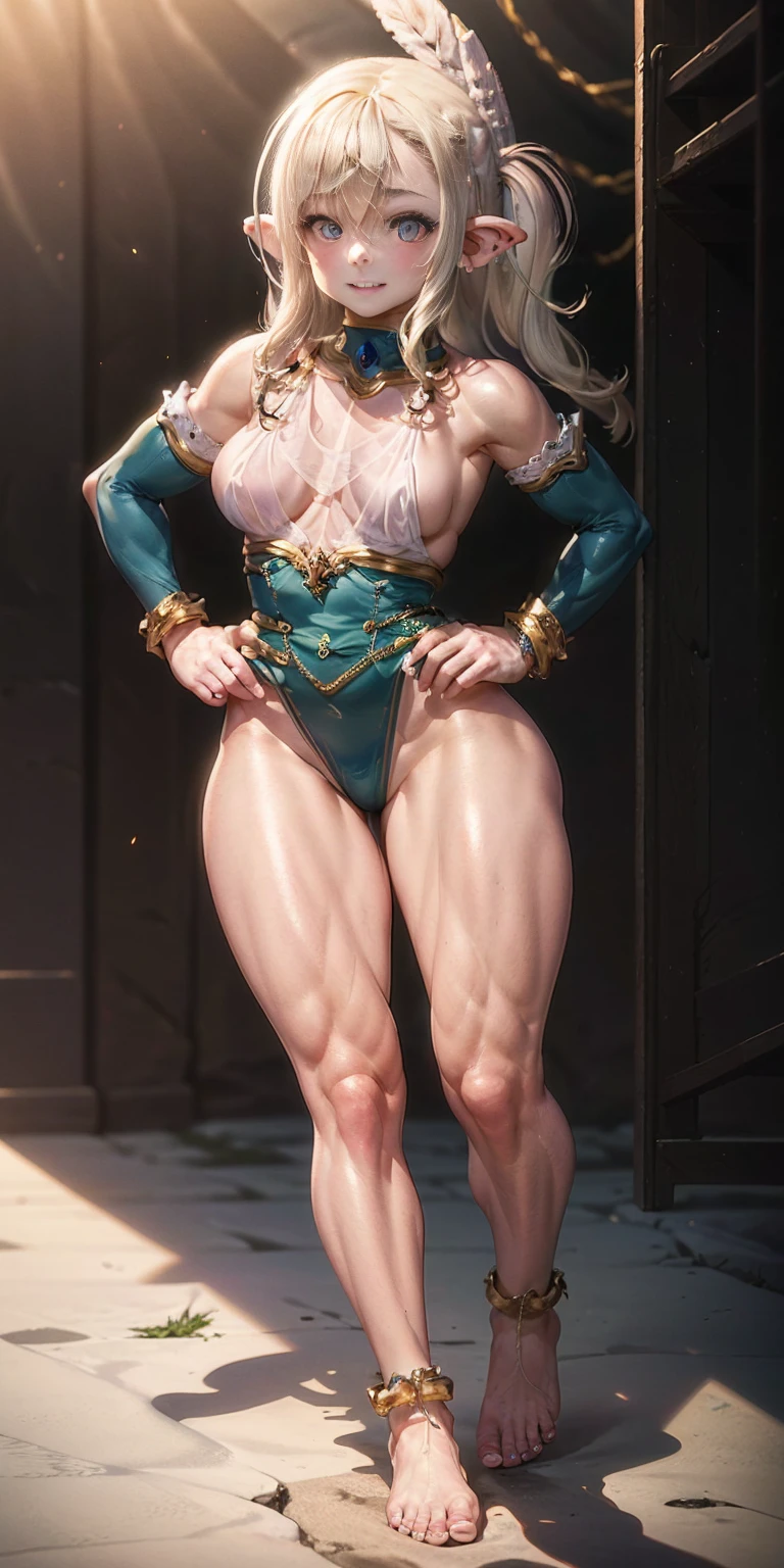 Scenary: Plain background Character: Solo Female elf smile mouth closed: Body, full body toe to head: Tall and slim with an hourglass figure Toned and muscular physique Slender abs Perfect anatomy (hands on hips, good hands, best hands) shackles wristbands bracers bracelets sleeves