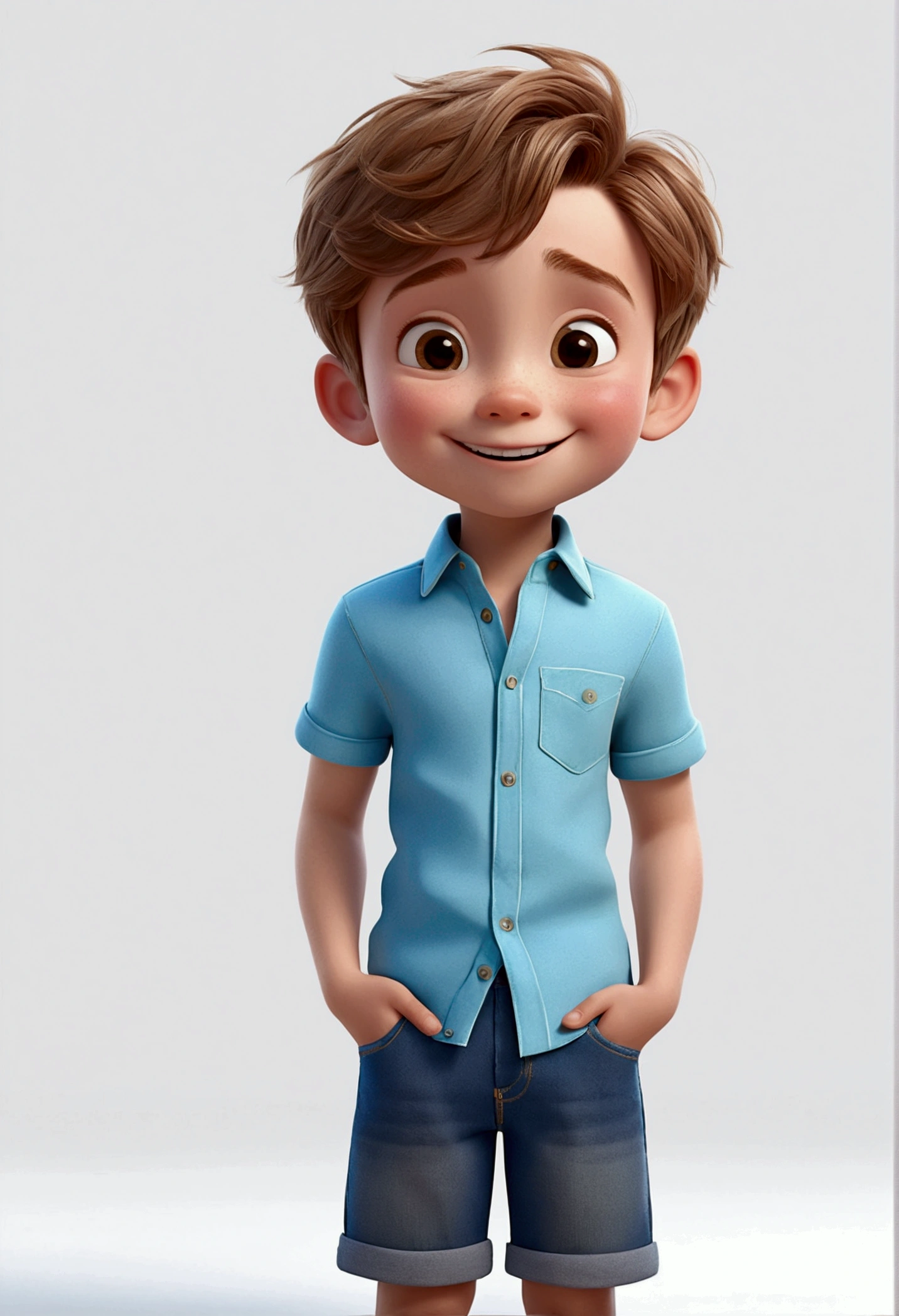 a happy and cute boy with short hair, white background, the , Pixar Style, ..3d, cartoon, detailed face, 16k asymmetrical boy, multiple poses and expressions, white background, book illustration style, disney pixar style , simple, cute, s old, bright colors, short light brown hair, fair skin, light blue short-sleeved shirt, denim shorts