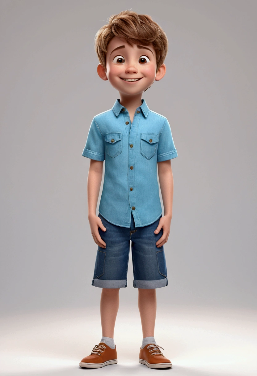 a happy and cute boy with short hair, white background, the , Pixar Style, ..3d, cartoon, detailed face, 16k asymmetrical boy, multiple poses and expressions, white background, book illustration style, disney pixar style , simple, cute, 6 , bright colors, short light brown hair, fair skin, light blue short-sleeved shirt, denim shorts