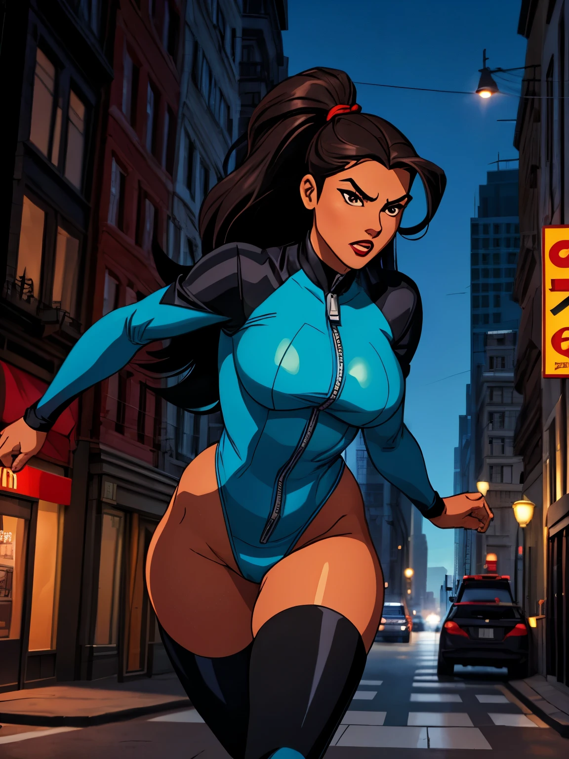 page of a a comic book with empty speech bubbles, original ,comic panels, a action scene with A (((native American woman))) long flowing black hair, curvy body, athletic body, thic thighs, (((tanned skin))), ((Highest quality)), (detailed eyes, brown eyes), very pretty, hour glass figure, strong jaw, (narrow waist), wearing (((bright Blue)) leotard),  thighs, long sleeves, zipper in the front, black thigh high boots, black gloves, dark red lipstick, city scape background. Show her chasing after a criminal, sprinting after a man through the street.
