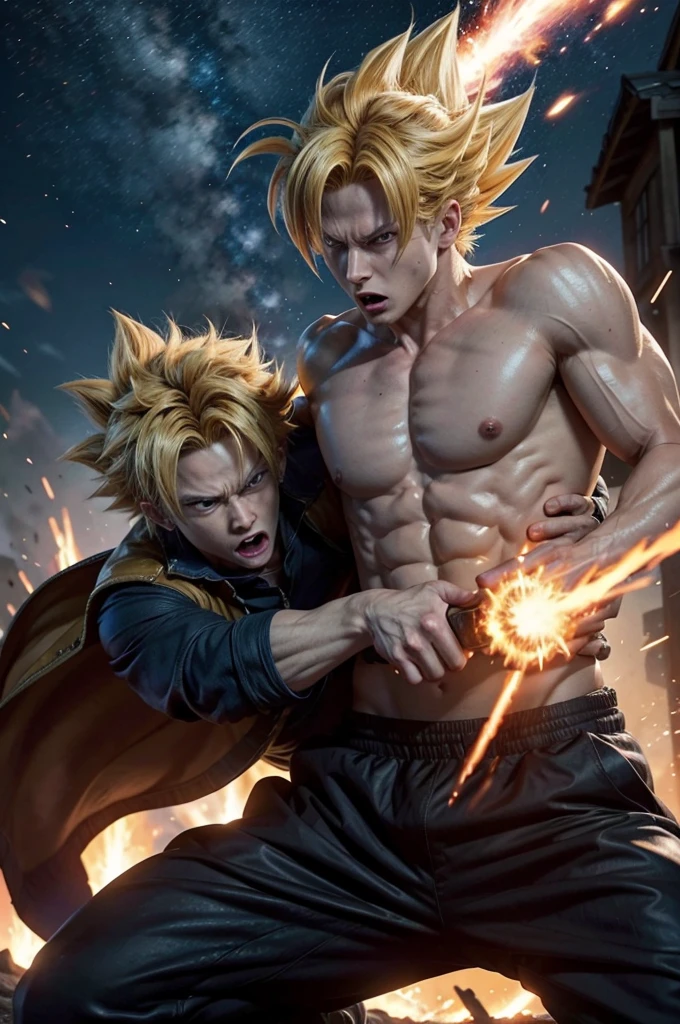 An image in 4K resolution, anime styling, showing an intense action scene with Goku and Trunks fighting Majin Buu. Goku is in his Super Saiyan form, emitting energy and with a determined look. Trunks, also in his Super Saiyan form, is attacking with his sword, while Majin Buu is in a threatening pose, demonstrating your absorption skills. The background should show a destroyed landscape, with explosions and energy effects, capturing the dynamics and intensity of battle