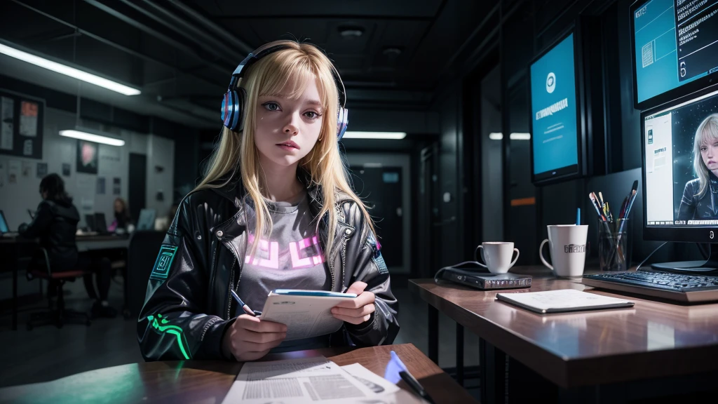 "A young blonde cyberpunk girl is sitting at a study table in a futuristic room. She wears technological clothes with neon details and has large, modern headphones. Around her are holograms and advanced electronic devices. The room is illuminated by lights soft and colorful, creating a cozy and lofi atmosphere. The young woman is focused on her studies, with books, notebooks and a holographic screen in front of her, while lofi music plays in the background, completing the scene with a touch of tranquility and futurism."