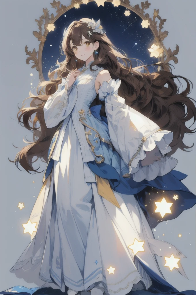 (masterpiece:1.2), best quality,PIXIV,blue dress,
1girl, long hair, dress, solo, white background, very long hair, star (symbol), simple background, full body, white dress, standing, holding, brown hair, hair ornament, long sleeves, wavy hair, bangs, brown eyes, detached sleeves, looking at viewer, sleeves past wrists, jewelry, yellow eyes
