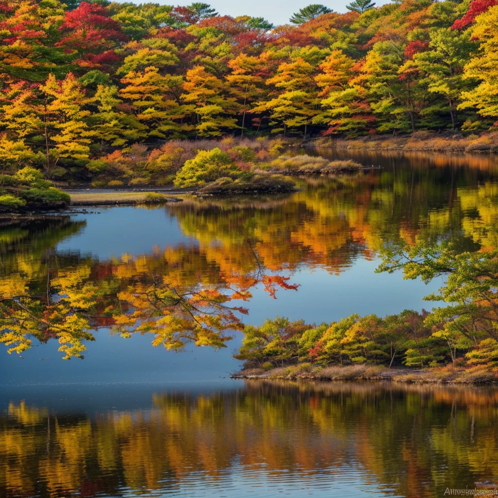 A serene autumn day at Tsutanuma Lake, Aomori. The vibrant fall foliage in shades of red, yellow, and orange reflects on the still water surface, creating a picturesque, mirror-like landscape. Capture the tranquility and beauty of this scene, with colorful leaves gently swaying and the golden hues of sunset illuminating the sky and lake.