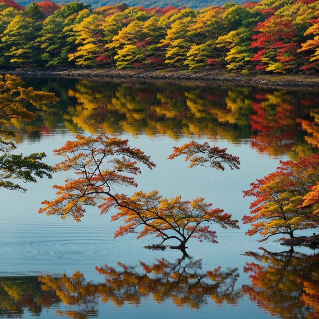 A serene autumn day at Tsutanuma Lake, Aomori. The vibrant fall foliage in shades of red, yellow, and orange reflects on the still water surface, creating a picturesque, mirror-like landscape. Capture the tranquility and beauty of this scene, with colorful leaves gently swaying and the golden hues of sunset illuminating the sky and lake.
