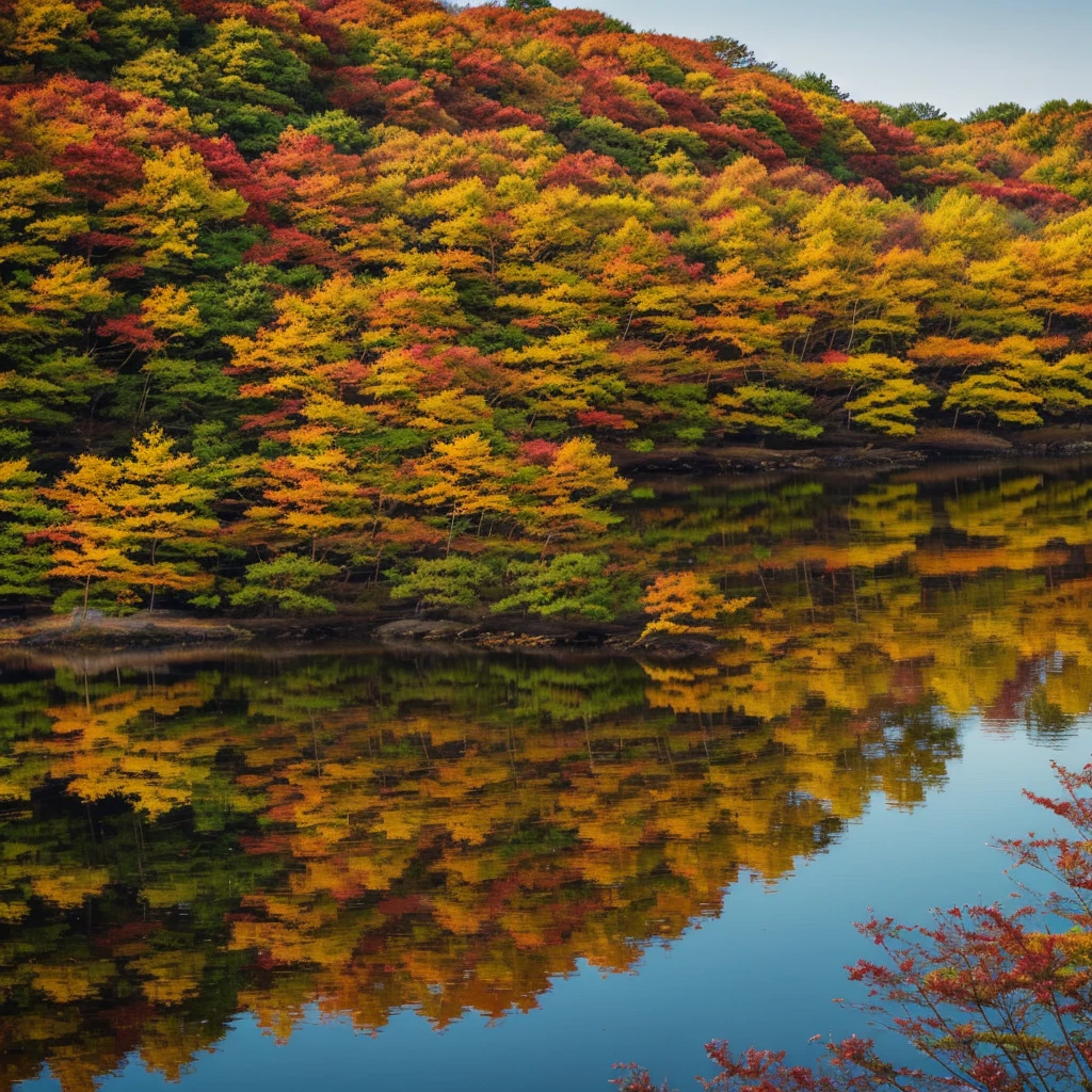 A serene autumn day at Tsutanuma Lake, Aomori. The vibrant fall foliage in shades of red, yellow, and orange reflects on the still water surface, creating a picturesque, mirror-like landscape. Capture the tranquility and beauty of this scene, with colorful leaves gently swaying and the golden hues of sunset illuminating the sky and lake.