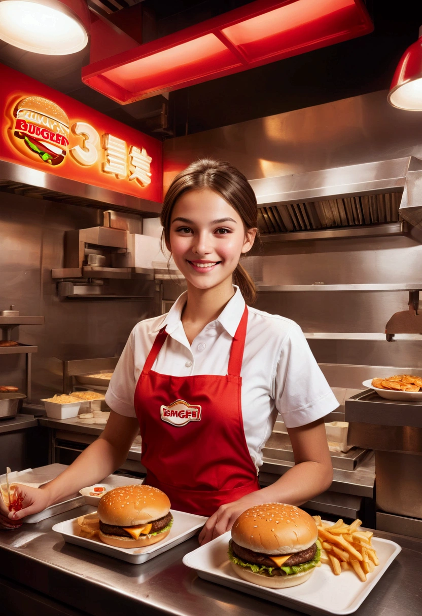 1girl, Fast Food Worker, A fast food worker, working at a busy burger restaurant, wearing a red and white uniform, smiling and serving customers, detailed facial features, 8k, dynamic lighting, warm color tones, highly detailed, seamless, volumetric, cinematic composition, clean design, industrial kitchen setting, stainless steel appliances, neon signage, reflective surfaces, steam and smoke effects, immersive atmosphere, dynamic camera angle, cinematic framing, masterpiece, best quality, very aesthetic, absurdres